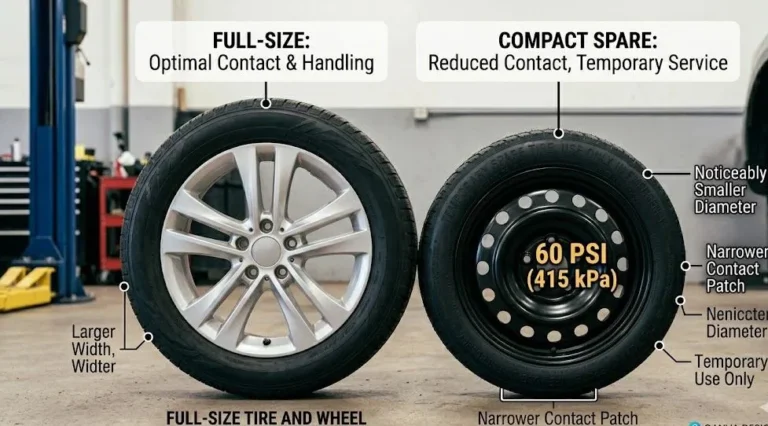 Side by side comparison of a compact temporary spare tire commonly called a donut alongside a full size regular tire showing the smaller diameter and narrower width of the compact spare that requires 60 PSI inflation pressure has a maximum safe speed of 50 mph and should not be driven more than 50 to 70 miles before reaching a tire shop with the size difference explaining why compact spares affect vehicle handling and can damage all wheel drive and four wheel drive drivetrains if driven beyond their limitations