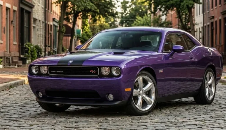Dodge Challenger R/T from 2009 to 2011 generation showing the retro muscle car styling HEMI badge on the front fender and wide body proportions powered by the 5.7 liter HEMI V8 producing 370 horsepower with Multi-Displacement System cylinder deactivation available under 10000 dollars for higher mileage examples in 2026 representing the heaviest car in the guide at approximately 4100 pounds but providing the most distinctive visual presence and classic American muscle car character