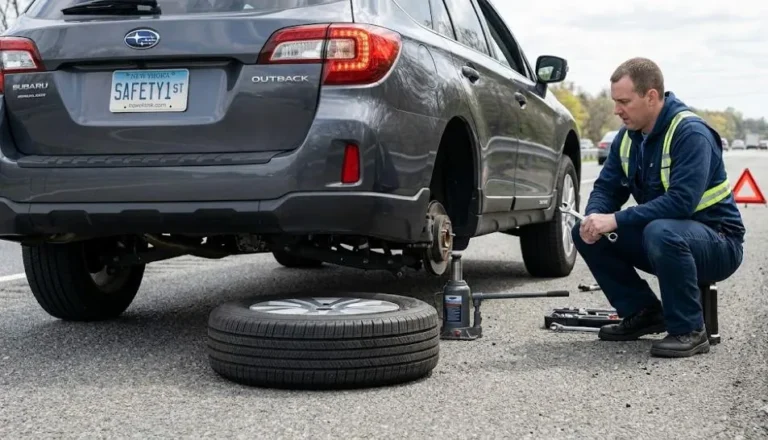 Removed flat tire placed flat on the ground under the vehicle beside the scissor jack showing the safety precaution recommended by Bridgestone Tires and professional automotive instructors that provides secondary support limiting how far the vehicle can drop if the jack were to fail or tip during the tire change process with the flat tire acting as a safety backstop while the spare is being mounted