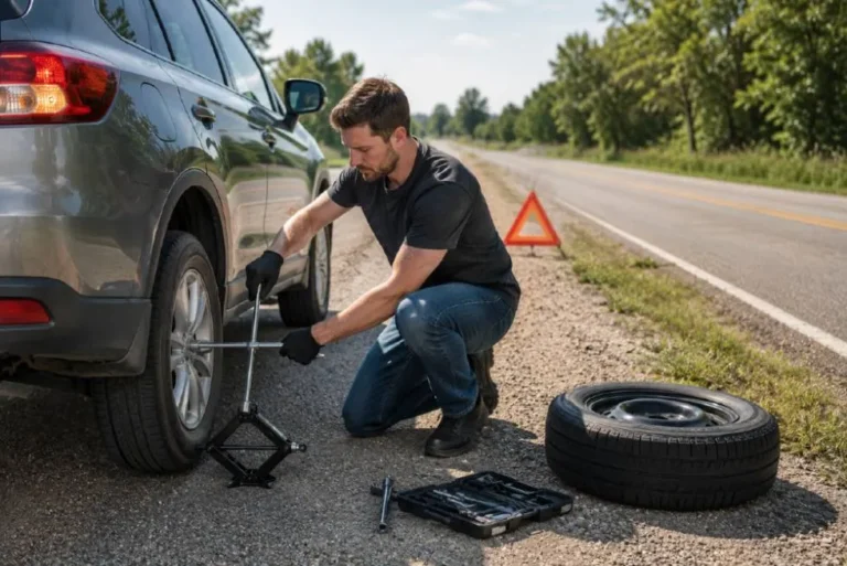 Driver safely changing a flat tire on the side of a road showing the complete tire change procedure with the car parked on a stable flat surface with hazard lights on the jack positioned at the correct jack point lug nuts loosened before jacking and the spare tire ready to mount representing the complete step by step guide to changing a car tire in 15 to 30 minutes covering all equipment needed lug nut star pattern tightening compact spare speed limits and highway safety procedures