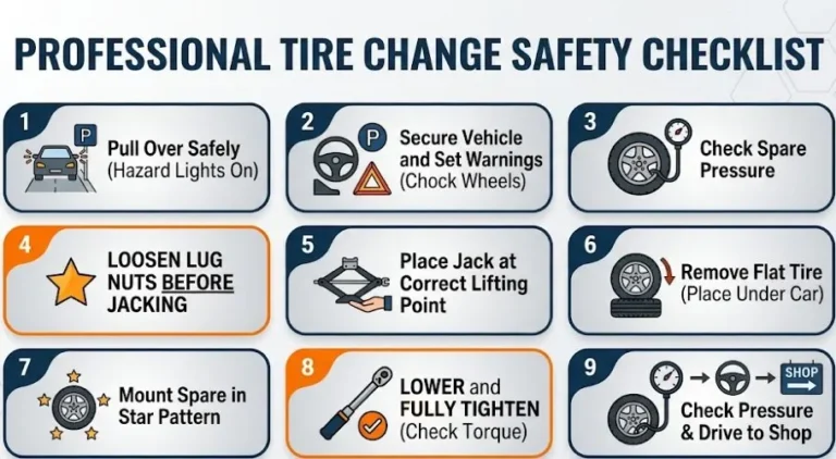 Nine step visual checklist for changing a car tire showing step 1 pull over safely and hazard lights step 2 secure vehicle and set reflective triangles step 3 retrieve equipment and check spare pressure step 4 loosen lug nuts before jacking highlighted as critical step step 5 position jack at correct jack point step 6 remove lug nuts and flat tire step 7 mount spare in star pattern step 8 lower vehicle and fully tighten lug nuts in star pattern highlighted as critical step step 9 check spare pressure and drive to tire shop at maximum 50 mph