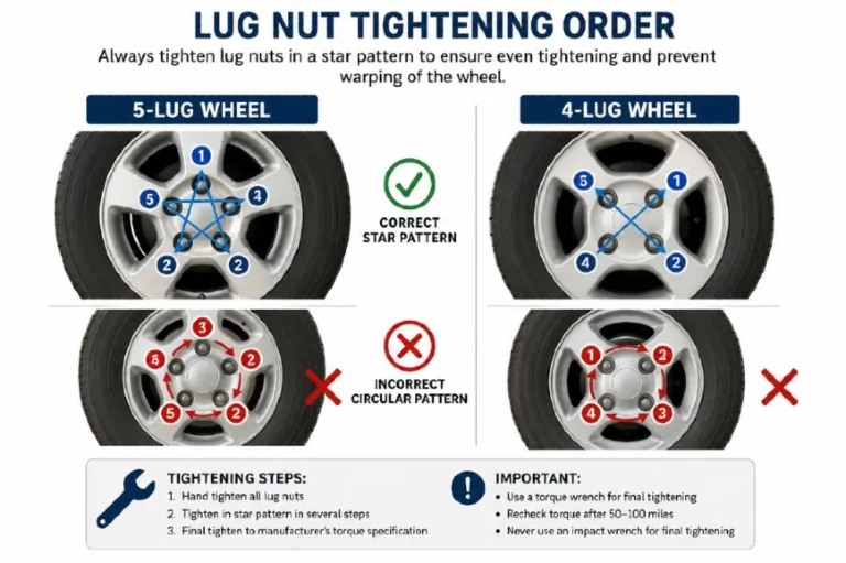 Diagram showing the correct star or cross pattern for tightening lug nuts when changing a car tire with a five lug wheel showing the numbered sequence starting at top then bottom then alternating sides and a four lug wheel showing the cross pattern alongside a red crossed out circular tightening pattern labeled wrong demonstrating that circular order causes uneven wheel seating that creates vibration pulling and unsafe wheel retention