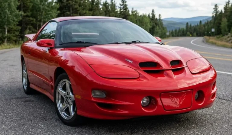Pontiac Firebird Trans Am from 1998 to 2002 generation showing the WS6 Ram Air hood design and LS1 5.7 liter V8 producing 325 horsepower with Ram Air package built on the same F-body platform as the fourth-generation Chevrolet Camaro Z28 with identical LS1 engine and T-56 six-speed manual transmission available under 10000 dollars for driver quality examples consistently priced below equivalent Camaros despite identical mechanical specification