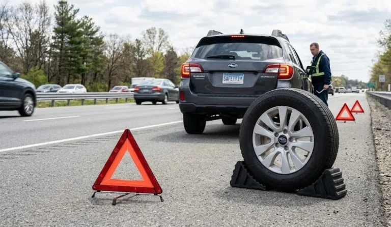 Wheel wedges or chocks placed against vehicle tires alongside reflective warning triangles positioned approximately 20 feet behind a stopped vehicle showing the complete safety setup required before beginning any tire change procedure with wheel wedges preventing vehicle rolling and reflective triangles alerting approaching traffic to the stopped vehicle both safety measures required before the jack is placed or any lug nuts are loosened