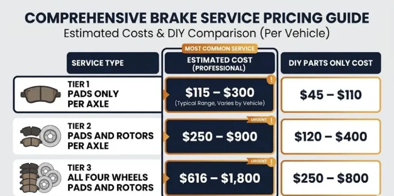 Pricing chart showing brake pad replacement costs in 2026 with pads only per axle at 115 to 300 dollars pads and rotors per axle at 250 to 900 dollars all four wheels pads only at 230 to 600 dollars and all four wheels pads and rotors at 616 to 1800 dollars alongside DIY parts-only costs of 35 to 150 dollars per axle sourced from ConsumerAffairs April 2026 Jerry November 2025 JD Power KBB and AAA