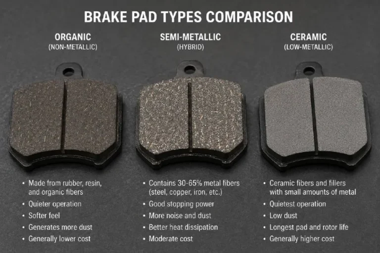 Comparison of brake pad material types showing organic pads at 15 to 40 dollars per axle set lasting 25000 to 35000 miles semi-metallic pads at 25 to 80 dollars per axle set lasting 35000 to 60000 miles and ceramic pads at 50 to 120 dollars per axle set lasting 50000 to 75000 miles demonstrating the cost performance and lifespan tradeoffs between the three main brake pad material types used in passenger vehicles