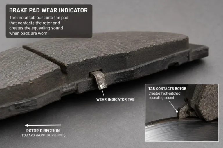 Close up of a brake pad showing the metal wear indicator tab that contacts the brake rotor when pad friction material wears to approximately 3mm of remaining thickness producing the distinctive squealing noise that is the designed warning signal for brake pad replacement with minimum safe pad thickness at 3mm and replacement required before the metal backing plate contacts the rotor and causes grinding damage that adds rotor replacement to the service cost