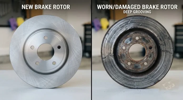 Comparison showing a new smooth brake rotor alongside a worn brake rotor with deep grooves scored into the friction surface from metal on metal contact representing the damage that occurs when brake pads wear through completely and the metal backing plate contacts the rotor requiring rotor replacement in addition to pad replacement and explaining the cost difference between a pads-only brake service at 150 to 300 dollars per axle versus a pads and rotors service at 400 to 900 dollars per axle