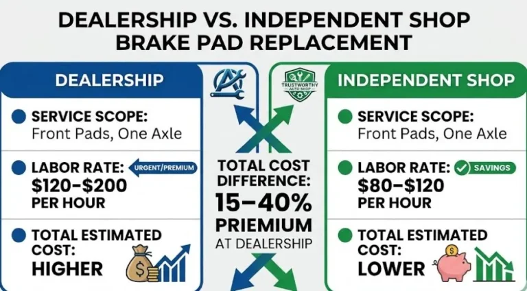 Two column cost comparison showing dealership brake pad replacement at 120 to 200 dollars per hour labor rate with a 15 to 40 percent total cost premium versus independent shop or chain service center at 80 to 120 dollars per hour labor rate for the same front brake pad replacement service demonstrating that work quality is usually similar and that unless the vehicle is under warranty an independent shop provides comparable quality at meaningfully lower total cost