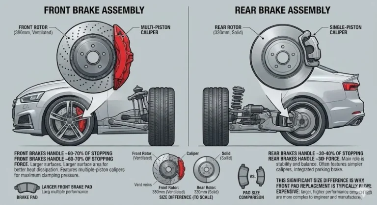 Comparison showing front and rear brake assemblies illustrating why front brake pads handle 60 to 70 percent of total stopping force due to weight transfer during braking resulting in front pads wearing at approximately twice the rate of rear pads requiring more frequent replacement and costing 10 to 20 percent more due to larger pad area and higher heat load with front brake pad replacement costing 115 to 300 dollars per axle and rear brake pad replacement costing approximately the same but requiring service less frequently