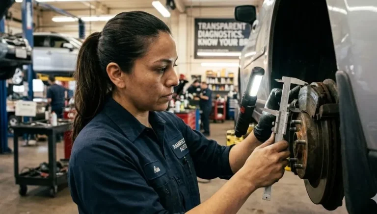 Automotive mechanic using a brake pad thickness gauge or vernier caliper to measure the remaining friction material thickness on a brake pad representing the specific diagnostic measurement that every legitimate brake service should include and that consumers should request before agreeing to any brake pad replacement with minimum safe thickness at 3mm and the measurement result determining whether replacement is necessary or pads still have remaining life