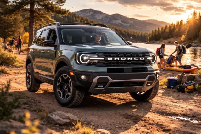 2026 Ford Bronco Sport in blue on a mountain road, featuring 5-star NHTSA safety rating and Ford MyKey teen driver system