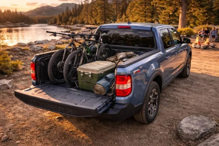 2026 Ford Maverick Hybrid compact pickup truck in carbonized gray, showing cargo bed, rated at 42 MPG city for teen drivers