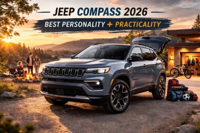 2026 Jeep Compass in Sarge Green on a dirt trail road, featuring 5-star NHTSA safety rating and 4WD capability, recommended as best first car for teenagers who want personality and adventure in 2026