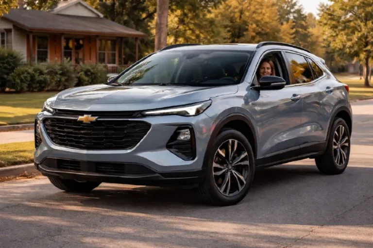 2026 Chevrolet Trax in red parked in a suburban driveway, recommended as the best first car for teenagers in 2026