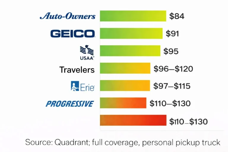 Insurance company monthly rate comparison chart for full coverage pickup truck insurance in 2026 showing Auto-Owners at 84 dollars per month cheapest GEICO at 91 dollars USAA at 95 dollars for military members Travelers at 96 to 120 dollars Erie at 97 to 115 dollars and Progressive at 110 to 130 dollars based on MoneyGeek February 2026 research