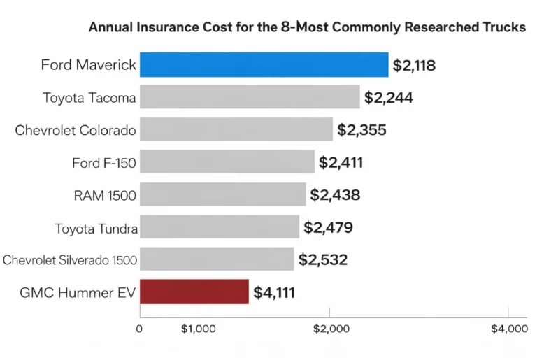 Horizontal bar chart comparing annual insurance costs for eight major pickup truck models in 2026 showing Ford Maverick at 2118 dollars per year as cheapest and GMC Hummer EV at 4111 dollars per year as most expensive with Ford Ranger Colorado Canyon F-150 Silverado and Tacoma in between based on Insure.com analysis of 67.5 million insurance quotes