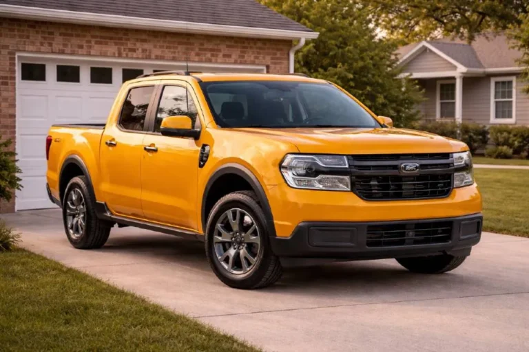 Ford Maverick compact pickup truck exterior showing the hybrid powertrain badging and compact proportions that make it the cheapest truck to insure in 2026 at 2118 dollars per year or 176 dollars per month for full coverage starting at an MSRP of approximately 23495 dollars the most affordable new truck available in America 