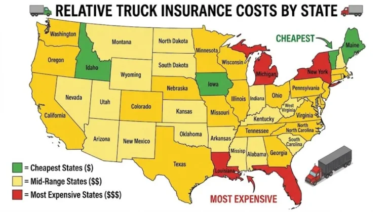 Color coded map of the United States showing truck insurance cost variation by state in 2026 with Vermont and Maine highlighted as consistently cheapest states and Louisiana Florida and Michigan highlighted as most expensive states demonstrating that the same truck same driver and same coverage can vary by 50 to 100 percent in annual premium cost depending on location
