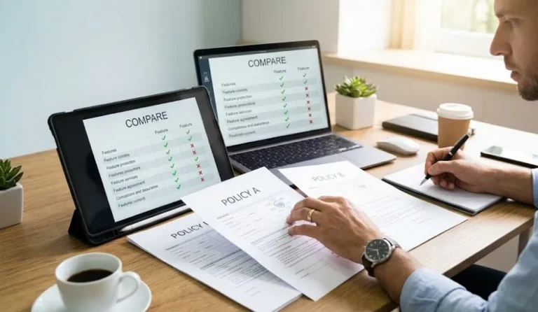 Person reviewing insurance policy documents at desk comparing full coverage truck insurance averaging 222 dollars per month with liability only coverage averaging 107 dollars per month in 2026 illustrating the decision framework between coverage levels based on truck value driving record and financial situation