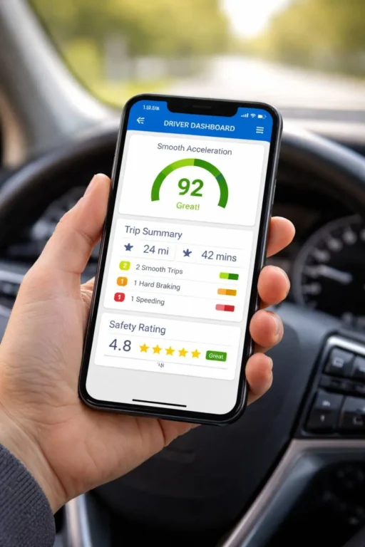 Person holding smartphone showing driving behavior monitoring app dashboard in vehicle representing telematics programs from GEICO DriveEasy Progressive Snapshot and Travelers IntelliDrive that offer discounts of 10 to 30 percent for truck owners who demonstrate safe driving behavior over a 30 to 90 day monitoring period 