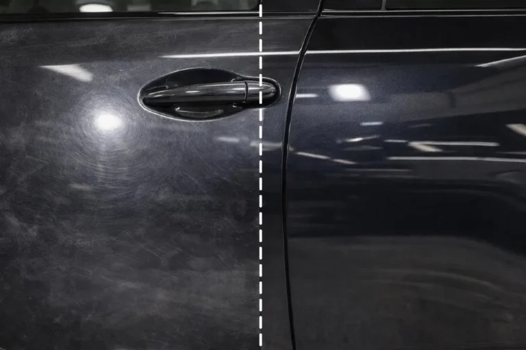 Before and after comparison of car paint correction showing oxidized dull paint with swirl marks on the left side and the same panel restored to high gloss finish through machine polishing on the right side, demonstrating paint correction as a lower-cost alternative to a full car repaint