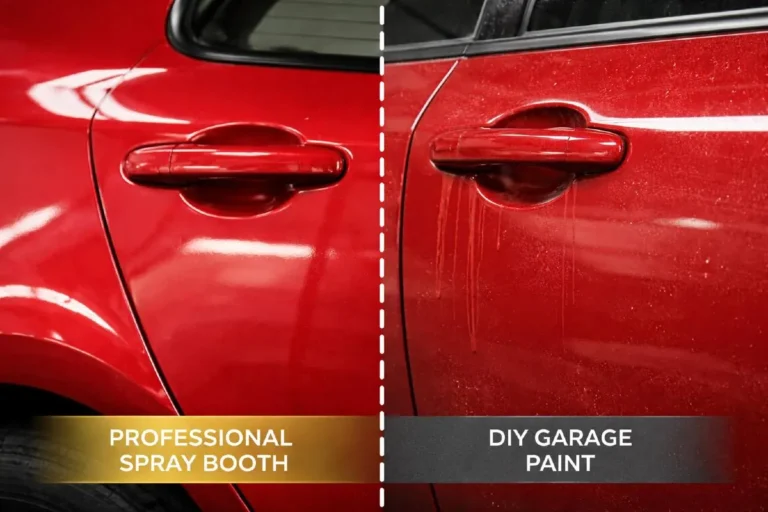 Side by side comparison of professional body shop car paint job result showing smooth flawless finish on left versus DIY garage paint attempt showing runs and surface imperfections on right, illustrating why professional painting costs more but delivers dramatically better results
