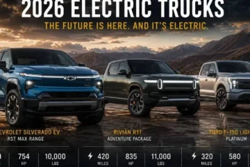 2026 electric pickup truck representing the complete guide to electric trucks available in 2026 including the Chevrolet Silverado EV with 493 miles of real-world range the Rivian R1T with 1025 horsepower quad motor the Tesla Cybertruck with 2.6-second 0-60 the GMC Sierra EV with Super Cruise and CrabWalk the Ford F-150 Lightning starting at 54780 dollars and the GMC Hummer EV with 1000 horsepower all now equipped with NACS ports for Tesla Supercharger network access
