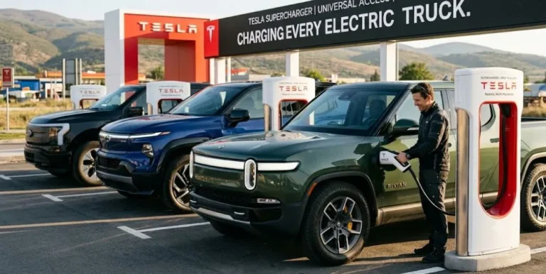American electric pickup truck connected to a Tesla Supercharger station using the NACS North American Charging Standard connector showing the universal charging network access that all 2026 electric trucks from Ford GM and Rivian now provide giving direct access to the largest and most reliable DC fast charging network in North America representing the most significant charging infrastructure development of 2026 that eliminates a primary range anxiety concern for long-distance electric truck travel