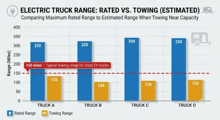 Two-bar comparison chart showing rated range versus estimated towing range for all 2026 electric pickup trucks with Chevrolet Silverado EV at 493 miles rated and approximately 197 to 247 miles when towing Rivian R1T at 420 miles rated and approximately 168 to 210 miles when towing Tesla Cybertruck at 400 miles rated and approximately 160 to 200 miles when towing and Ford F-150 Lightning at 320 miles rated and approximately 128 to 160 miles when towing demonstrating the 50 to 60 percent range reduction all electric trucks experience when towing near maximum capacity