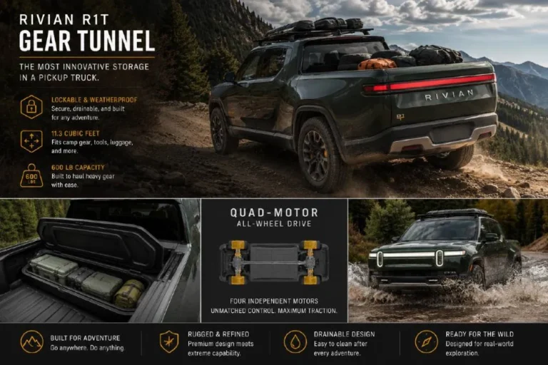 2026 Rivian R1T electric pickup truck showing the Gear Tunnel lockable storage compartment between the cab and the bed that provides organized weather-protected storage for adventure equipment alongside the Quad-Motor configuration producing 1025 horsepower and 1198 lb-ft of torque that matches the Tesla Cybertruck Cyberbeast's 2.6-second 0-60 performance with 420 miles of maximum range and NACS port for Tesla Supercharger network access