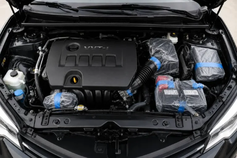 Car engine bay showing plastic bags and tape covering all electrical components including battery terminals alternator fuse box and ECU housing before any degreaser or water is applied to the engine bay representing the most critical safety preparation step in engine cleaning that prevents water from reaching sensitive circuits causing malfunctions or short circuits during the cleaning process