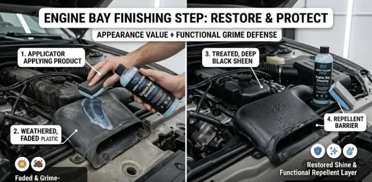Engine bay protectant or trim dressing being applied to plastic covers rubber hoses and other non-metal engine bay surfaces as the final finishing step in the complete engine cleaning process that restores shine to faded plastic and rubber surfaces provides a protective layer that repels future grime accumulation and makes subsequent engine cleaning easier by preventing deep penetration of road grime and oil vapors into unprotected plastic and rubber