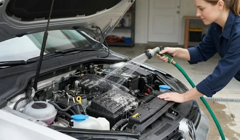 Garden hose being used at low pressure to rinse a car engine bay after degreaser application and brush agitation showing the correct rinsing technique working from back to front and top to bottom with controlled water flow that removes degreaser and loosened grime without directing high pressure at electrical components alternator ECU fuse box wiring connectors or spark plug wells
