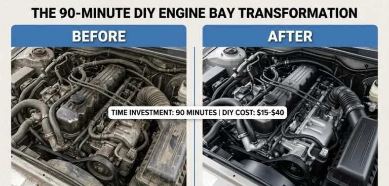 Two panel before and after comparison showing a dirty grimy car engine bay with accumulated oil deposits grime covered valve cover and dark hoses alongside a clean professionally detailed engine bay after the complete step by step degreasing brushing rinsing and drying process showing the transformation achievable in 90 minutes with 15 to 40 dollars in DIY supplies