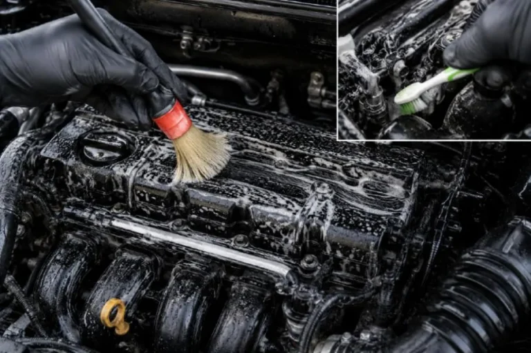 Soft bristle detailing brush being used to agitate engine degreaser on a car engine bay surface showing the correct brush technique working from the firewall forward to loosen accumulated grease and grime deposits with the brush applying moderate pressure on the valve cover and around hose connections while a toothbrush handles tight spaces between components and around sensors with the explicit note that metal brushes should never be used as they scratch plastic covers valve covers and painted surfaces