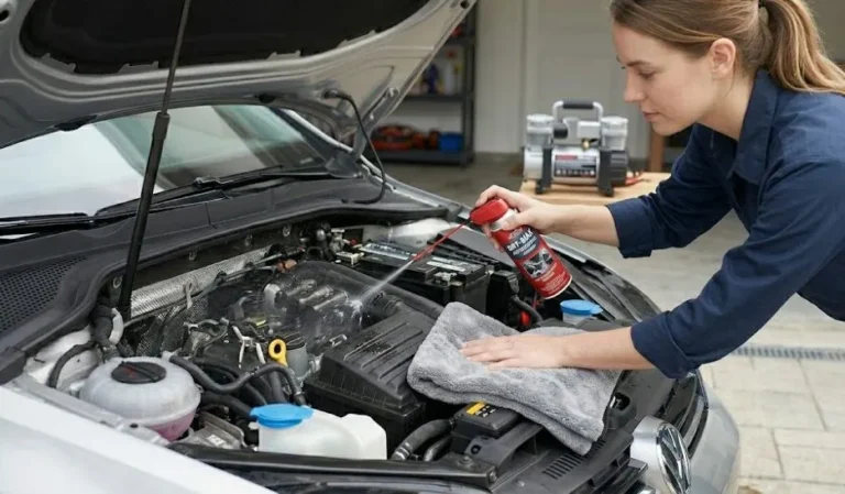 Microfiber cloth being used to dry car engine bay surfaces after rinsing alongside compressed air directed into tight recesses and connector areas showing the complete drying method that must be performed before reconnecting the battery and starting the engine with the hood remaining open for 20 to 30 minutes for final air drying to prevent