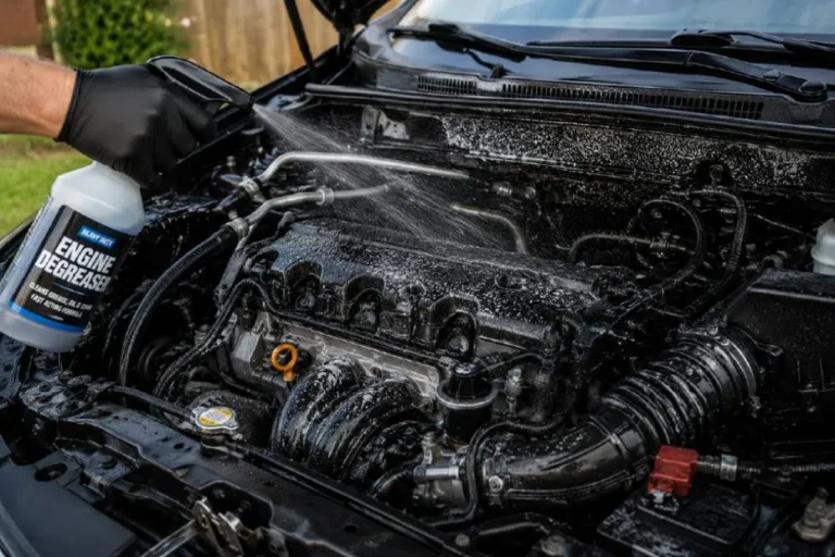 Spray bottle of engine degreaser being applied evenly across a car engine bay showing the 70 percent degreaser and 30 percent water dilution method covering all greasy and oily areas including valve covers hoses metal surfaces and the underside of the hood with extra application around caps and hoses where grime concentrates most heavily before the 5 to 15 minute dwell time that allows the degreaser to break down accumulated engine bay grime