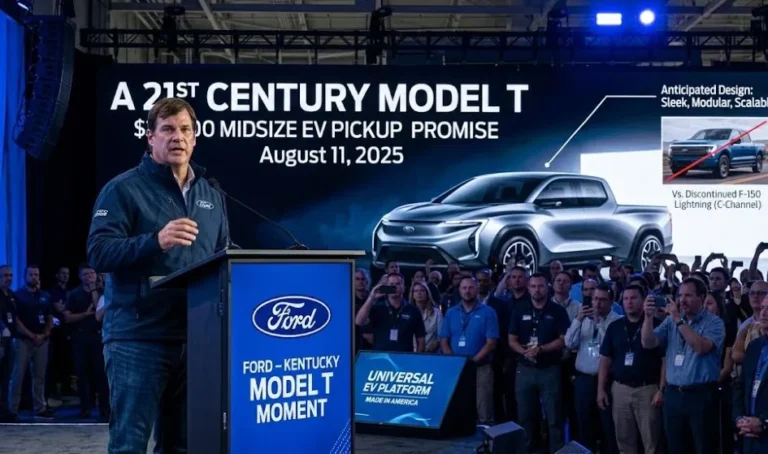 Ford's planned 30000 dollar midsize electric pickup truck announced by CEO Jim Farley at the Model T Moment event in Kentucky on August 11 2025 using Ford's Universal EV Platform developed in California with Michigan made LFP prismatic batteries targeting sub 5 second 0-60 mph performance fast charging capability to power a house for 6 days and a starting price of 30000 dollars for 2027 replacing the discontinued F-150 Lightning and competing with the Slate Truck and Rivian R2 at the affordable end of the American electric truck market