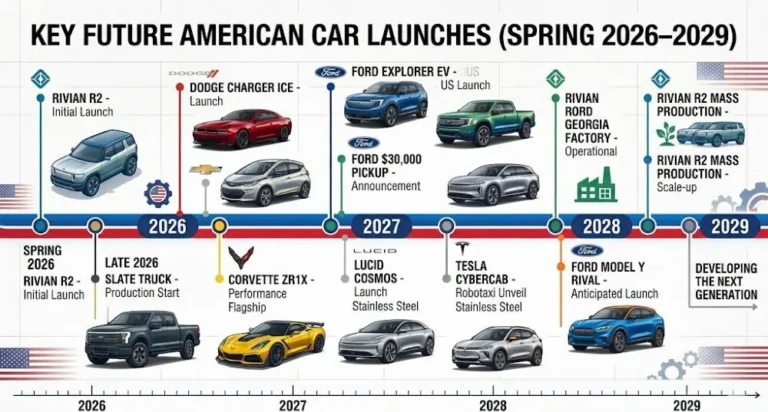 Horizontal timeline showing confirmed future American car launches from 2026 to 2029 including spring 2026 Rivian R2 at 45000 dollars late 2026 Slate Truck mid 20000s 2026 Dodge Charger turbocharged at 51990 and Chevrolet Bolt EV at 28595 and Corvette ZR1X 1250 horsepower followed by 2027 Ford Explorer EV Ford 30000 dollar electric pickup Lucid Cosmos under 50000 Tesla Cybercab and Chevrolet Bolt Crossover and 2028 Rivian Georgia factory opening and Ford Model Y rival at approximately 35000 dollars