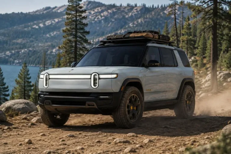 Rivian R2 midsize electric SUV showing the rugged off-road styling that resembles Rivian's larger 77000 dollar R1S from a distance with production beginning spring 2026 starting at approximately 45000 dollars with 270 mile range at entry level and 330 mile range in higher configurations producing up to 656 horsepower and reaching 60 mph in as little as 3.6 seconds with 4400 pound towing capacity targeting the Tesla Model Y compact SUV segment that dominates the American market