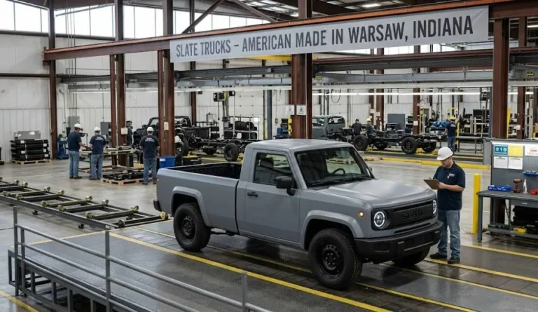 Slate Truck bare bones customizable electric pickup truck entering production in late in Warsaw Indiana starting in the mid 20000s as potentially the most affordable new electric truck in American history with a modular heavily customizable design philosophy that allows buyers to configure the vehicle from a stripped down base specification competing for the working truck buyer who has never been able to afford electric vehicle pricing