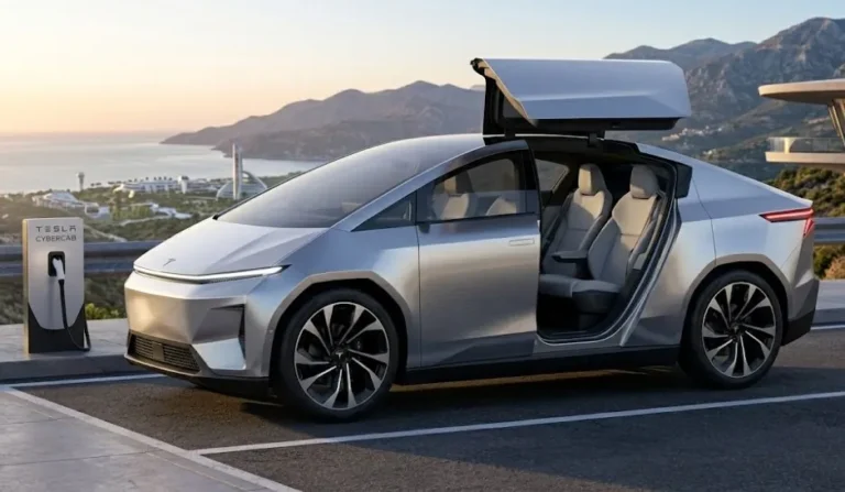 Tesla Cybercab two seat autonomous electric vehicle designed for use in Tesla's planned robotaxi service offering ride hailing at rates below popular competitors like Uber and Lyft with production expected before 2027 and a price target below 30000 dollars also available for direct consumer purchase representing Tesla's most ambitious product since the original Roadster and America's first purpose-built autonomous commercial vehicle
