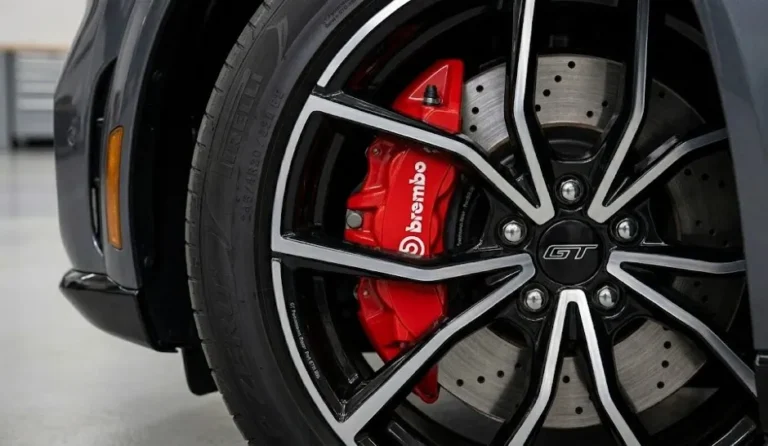 Brembo front brake caliper visible through the wheel of a Ford Mustang Mach-E GT showing the performance braking hardware that is standard on the GT and Rally trims of the 2026 Mustang Mach-E providing stopping power appropriate to the 480 horsepower eAWD powertrain that reaches 60 mph in approximately 3.5 seconds in standard GT configuration and 3.3 seconds with the GT Performance Edition producing 700 lb-ft of torque