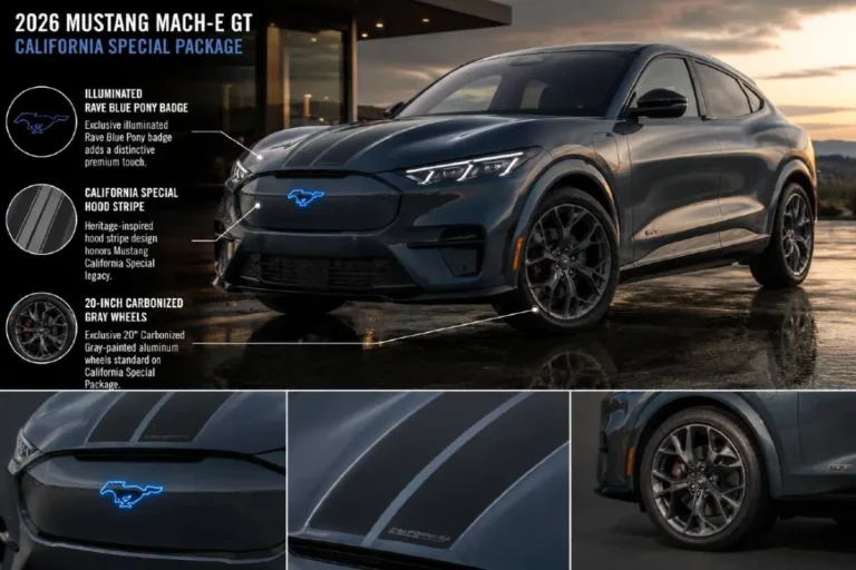 Ford Mustang Mach-E GT with the California Special Package showing the illuminated Rave Blue Pony badge on the front fascia the heritage-inspired hood stripe and 20-inch Carbonized Gray wheels that are new for the 2026 model year representing the first time a 1960s Mustang heritage styling package has been applied to the electric Mach-E starting at 53395 dollars with 480 horsepower eAWD and Brembo front performance brakes