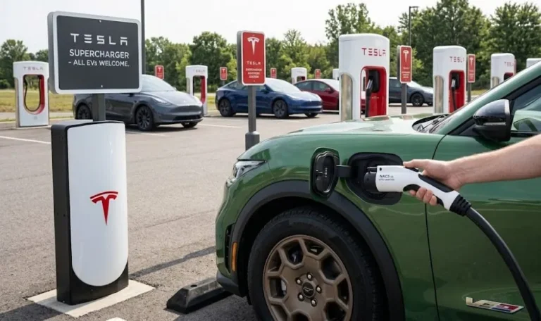Ford Mustang Mach-E connected to a Tesla Supercharger station using the North American Charging Standard NACS connector that gives the Mach-E access to the largest DC fast charging network in North America alongside Ford's BlueOval Charge Network with charging from 10 to 80 percent achievable in approximately 35 minutes under ideal conditions at a compatible DC fast charger
