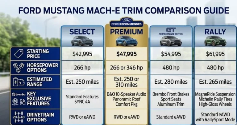 Four column comparison chart showing 2026 Ford Mustang Mach-E trims with Select starting at 37795 dollars with 264 horsepower and 260 miles range Premium with Bang and Olufsen audio ventilated seats and 320 miles extended range at 45840 dollars highlighted as the recommended configuration GT at 53395 dollars with 480 horsepower Brembo brakes and Brembo brakes and Rally at 57690 dollars with MagneRide damping Michelin CrossTerrain2 tires and off-road capability alongside the 480 horsepower GT platform