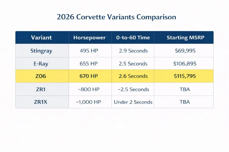 2026 corvette lineup comparison stingray eray z06 zr1 zr1x horsepower price Comparison table showing all five 2026 Chevrolet Corvette variants with horsepower 0 to 60 times and starting prices including Stingray at 495 horsepower 2.9 seconds 68300 dollars E-Ray at 655 horsepower 2.5 seconds 106900 dollars Z06 at 670 horsepower 2.6 seconds 112100 dollars ZR1 at 1064 horsepower 2.3 seconds 174995 dollars and ZR1X at 1250 horsepower under 2 seconds with estimated pricing