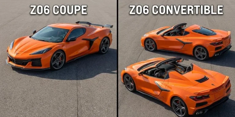 2026 corvette z06 coupe vs convertible comparison retractable hardtop 2026 Chevrolet Corvette Z06 coupe and convertible comparison showing the power retractable hardtop roof that can be raised or lowered at speeds up to 30 mph with the convertible weighing approximately 99 pounds more than the coupe resulting in a 2.7 second 0 to 60 time versus 2.6 seconds for the coupe with both configurations starting above 112100 dollars MSRP