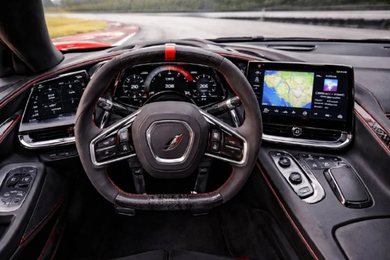 2026 corvette z06 interior three screen display google builtin redesigned 2026 Corvette Z06 redesigned interior showing the three new display screens including the 12.7 inch diagonal center console touchscreen the 14 inch diagonal Driver Information Center behind the steering wheel and the new 6.6 inch auxiliary display alongside Google Built-in infotainment and premium materials including suede leather and carbon fiber that represent the most significant interior update in the C8 Z06 generation